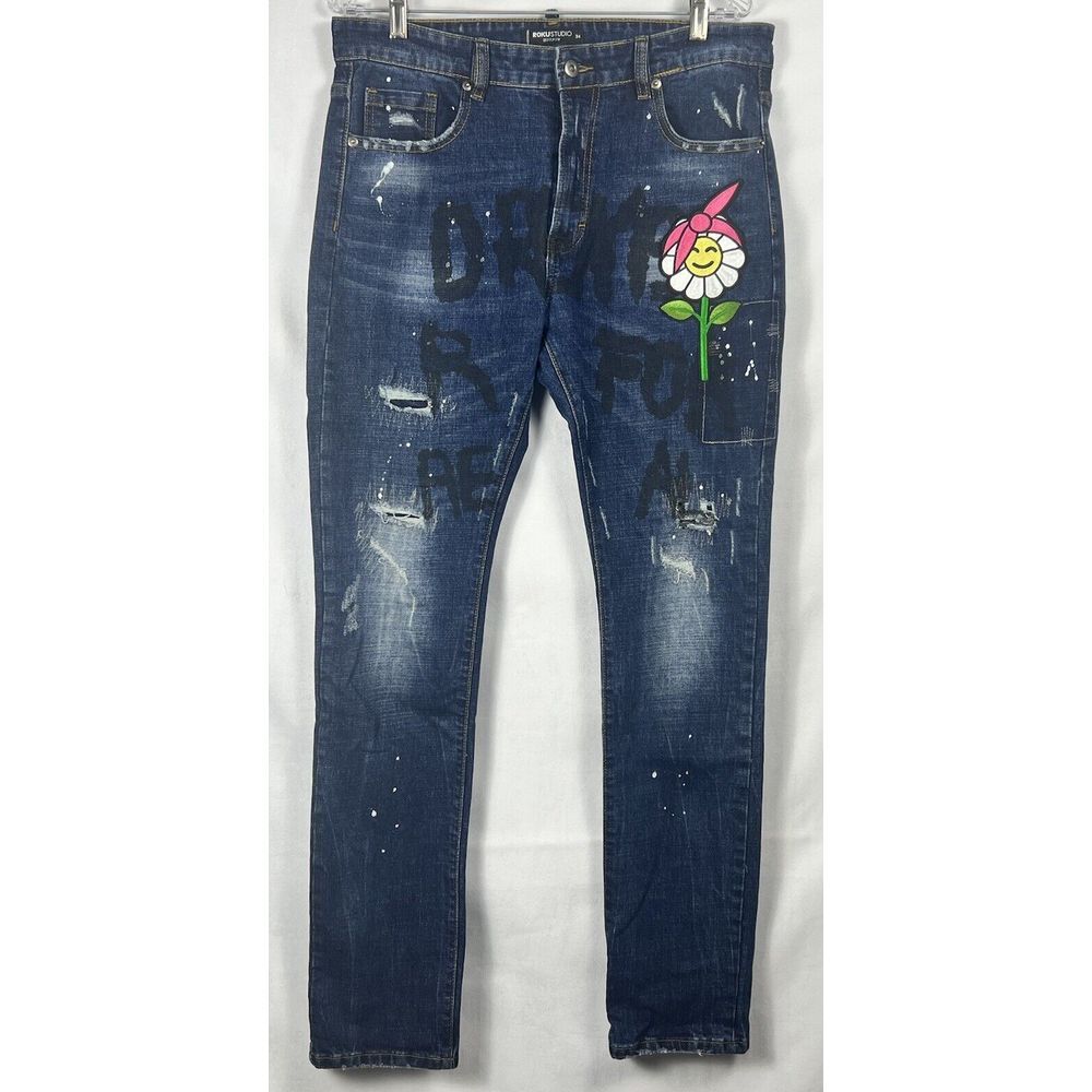 ROKU STUDIO Tupac Shakur Dreams R For Real Flower Distressed Mens Jeans 34 X 33"